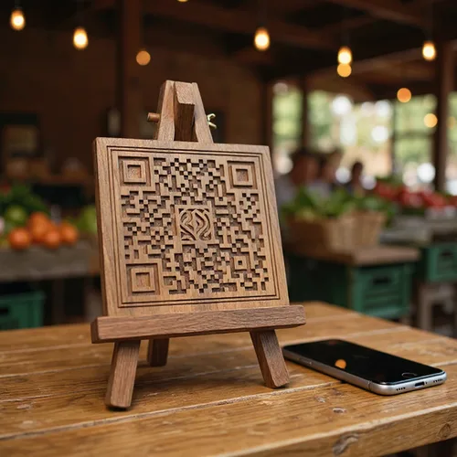 QR code décoratif présenté sur un étal de marché