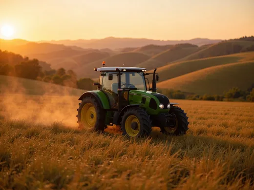 Tracteur travaillant un champ au coucher du soleil