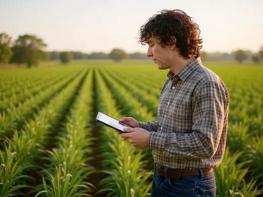 Agriculteur consultant une tablette au bord de son champ