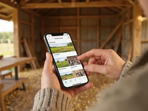 Agriculteur consultant la page r&eacute;seaux sociaux de sa ferme