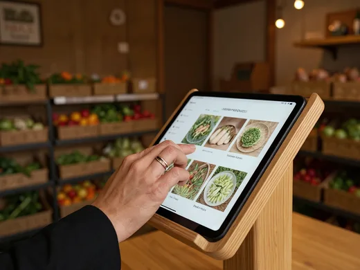 Tablette tactile pr&eacute;sentant les produits dans une boutique de ferme