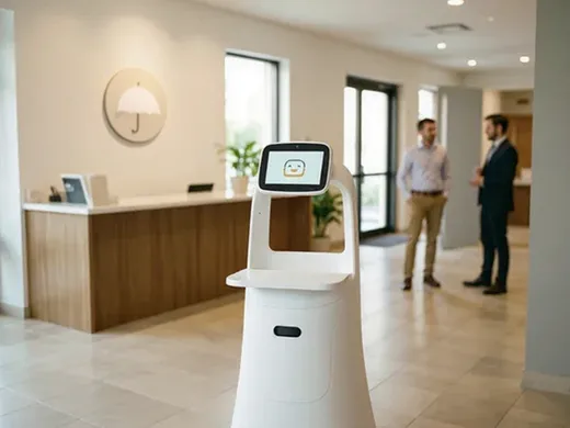 Robot d'accueil g&eacute;n&eacute;rique dans le hall d'une agence d'assurance