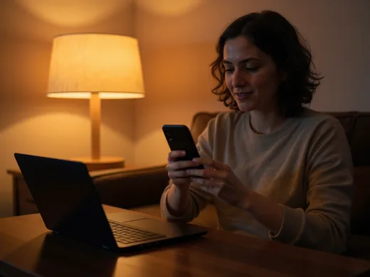 Personne &eacute;changeant avec un assistant sur son t&eacute;l&eacute;phone le soir &agrave; domicile