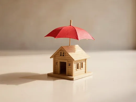 Maison miniature abrit&eacute;e sous un parapluie rouge