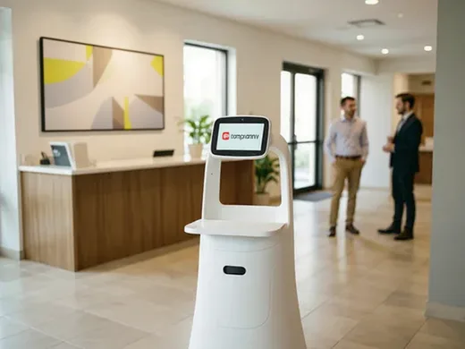 Robot d'accueil g&eacute;n&eacute;rique dans un hall d'entreprise