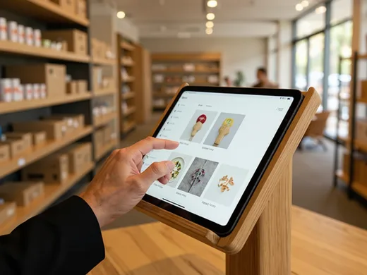 Tablette tactile pr&eacute;sentant le catalogue en showroom