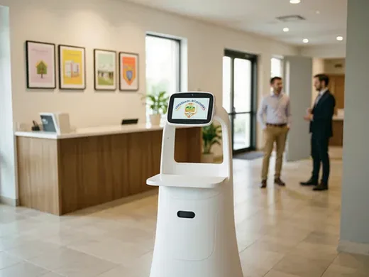 Robot di accoglienza g&eacute;n&eacute;rique dans le hall d'un campus
