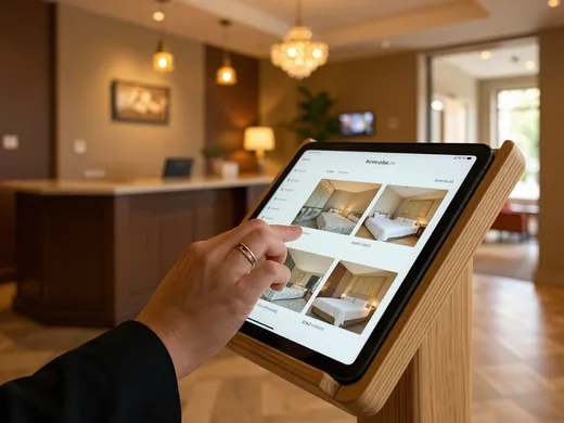 Tablette tactile de r&eacute;servation &agrave; la r&eacute;ception d'un h&ocirc;tel