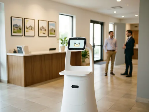 Reception robot g&eacute;n&eacute;rique dans le hall d'une agence immobili&egrave;re