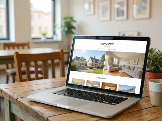 Site vitrine d'agence immobili&egrave;re affich&eacute; sur un ordinateur portable
