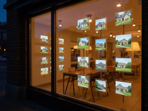 Vitrine d'agence immobili&egrave;re avec annonces &eacute;clair&eacute;es