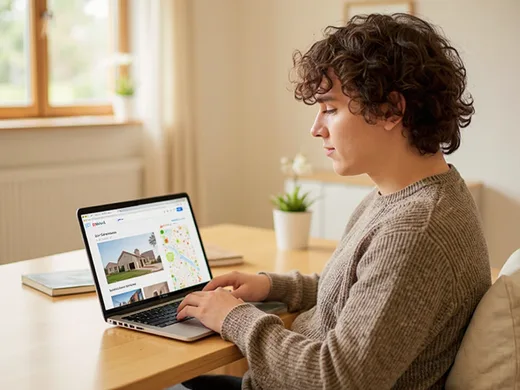 Browsing listings with photos and a map on a computer
