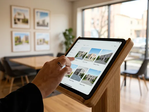 Touchscreen tablet displaying listings in a real estate agency