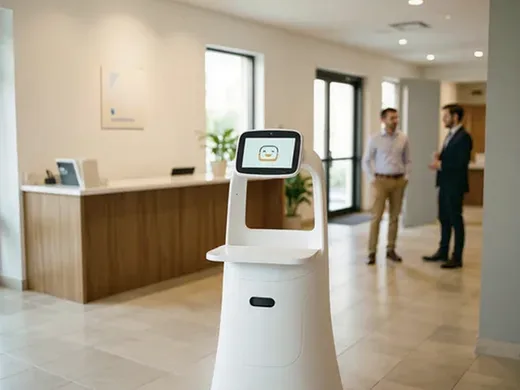 Robot d'accueil g&eacute;n&eacute;rique dans le hall d'un h&ocirc;tel de ville