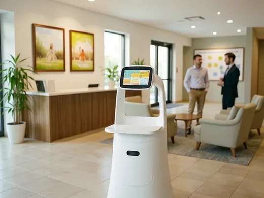 Robot d'accueil g&eacute;n&eacute;rique dans le hall d'une r&eacute;sidence