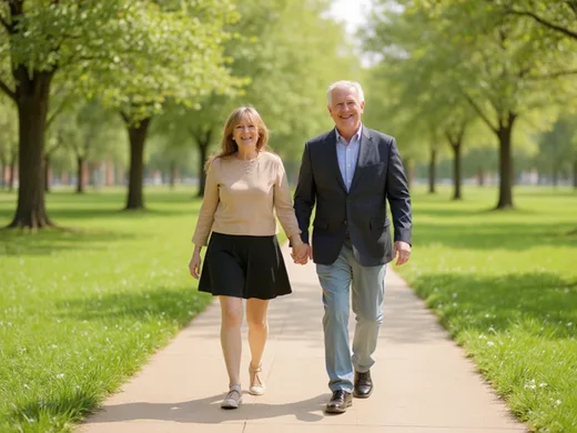 Couple senior actif se promenant dans un parc