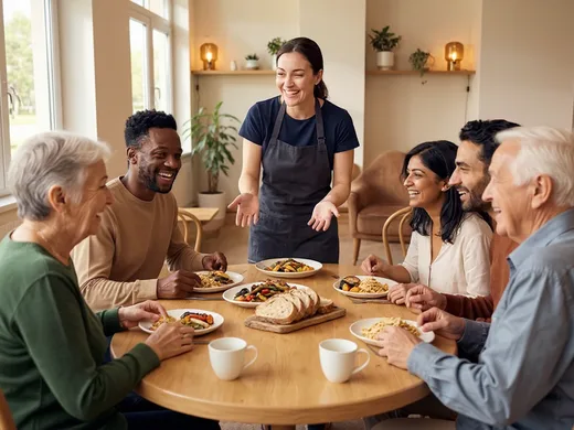 R&eacute;sidents partageant un repas convivial dans leur r&eacute;sidence