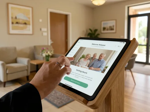 Tablette tactile d'accueil dans le salon d'une r&eacute;sidence senior