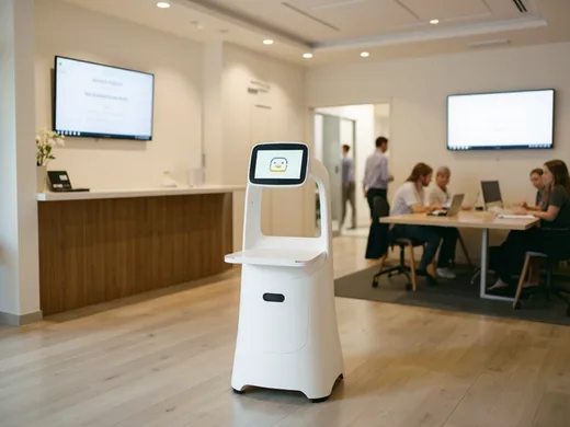 Robot d'accueil g&eacute;n&eacute;rique dans un hall d'accueil