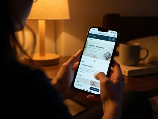 Personne consultant un site d'entreprise le soir sur smartphone