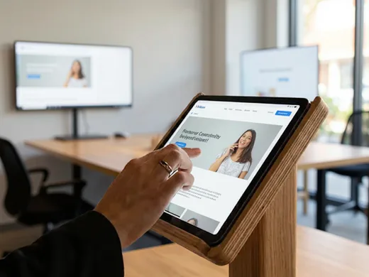 Tablette tactile pr&eacute;sentant un site web dans un espace d'accueil